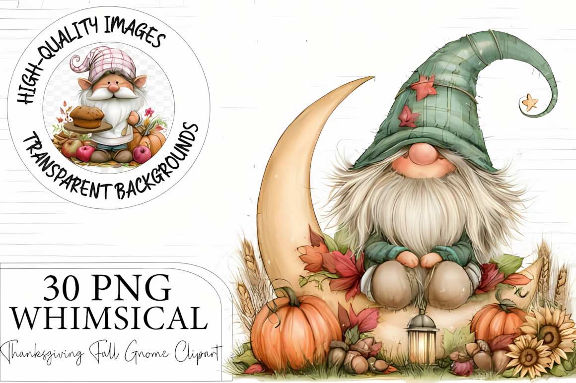 Festive autumn gnomes with pumpkins from a cute thanksgiving gnome clipart fall bundle.