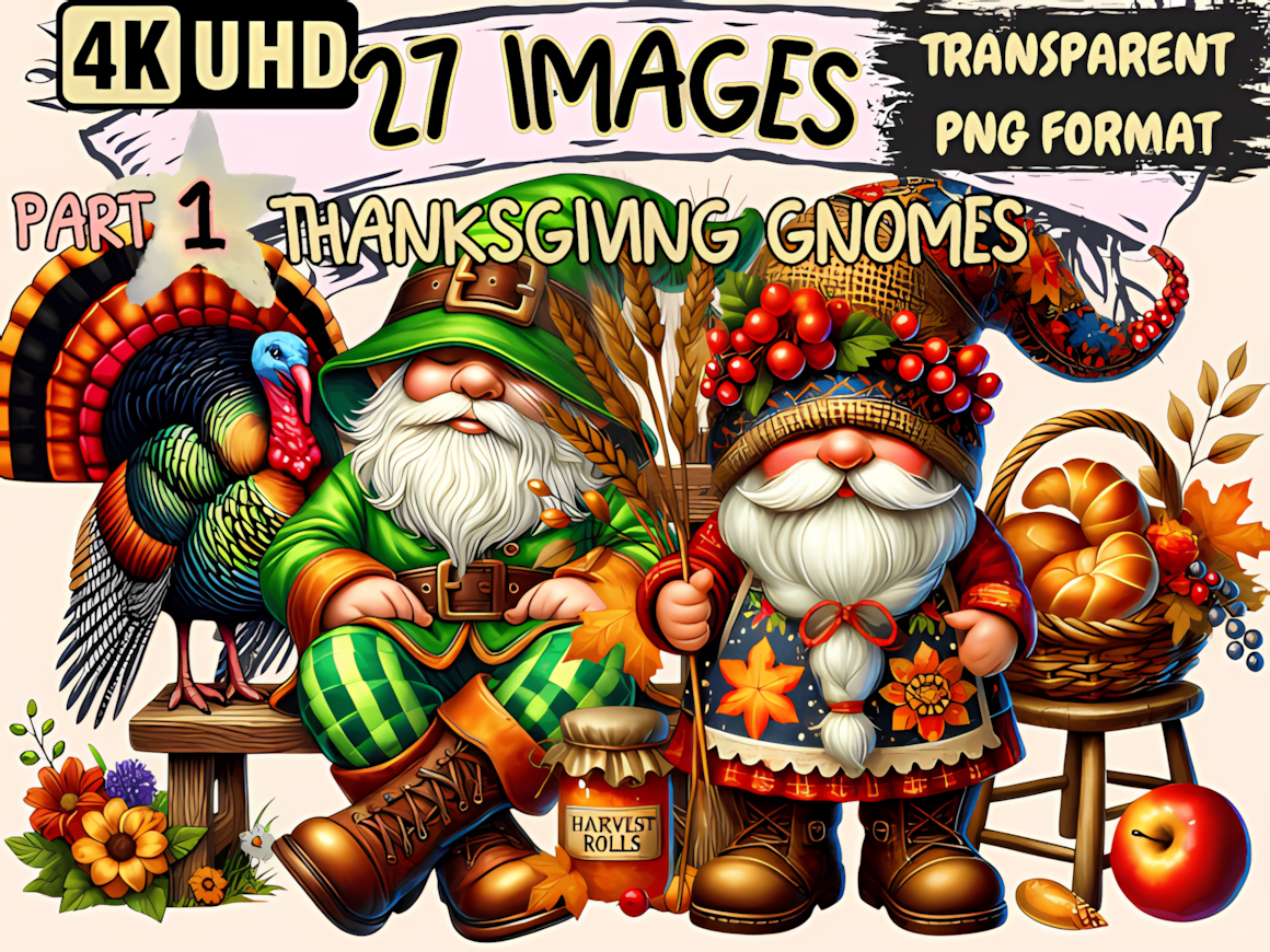 Adorable fall gnomes with sunflowers and pumpkins from a cute thanksgiving gnome clipart set.
