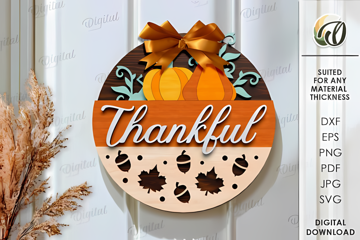 Circular holiday typography plaque cut from a thanksgiving round sign laser cut template.
