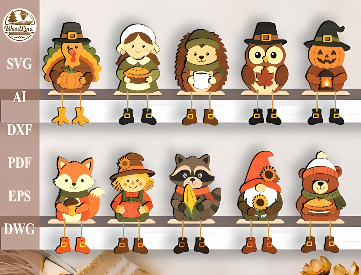 Multi-layer vector set featuring harvest turkeys, fall leaves, and acorns for laser cutting standing signs