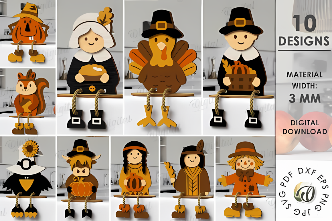 Collection of standing Thanksgiving Shelf Sitter Laser Cut designs made of layered plywood for rustic seasonal home decor