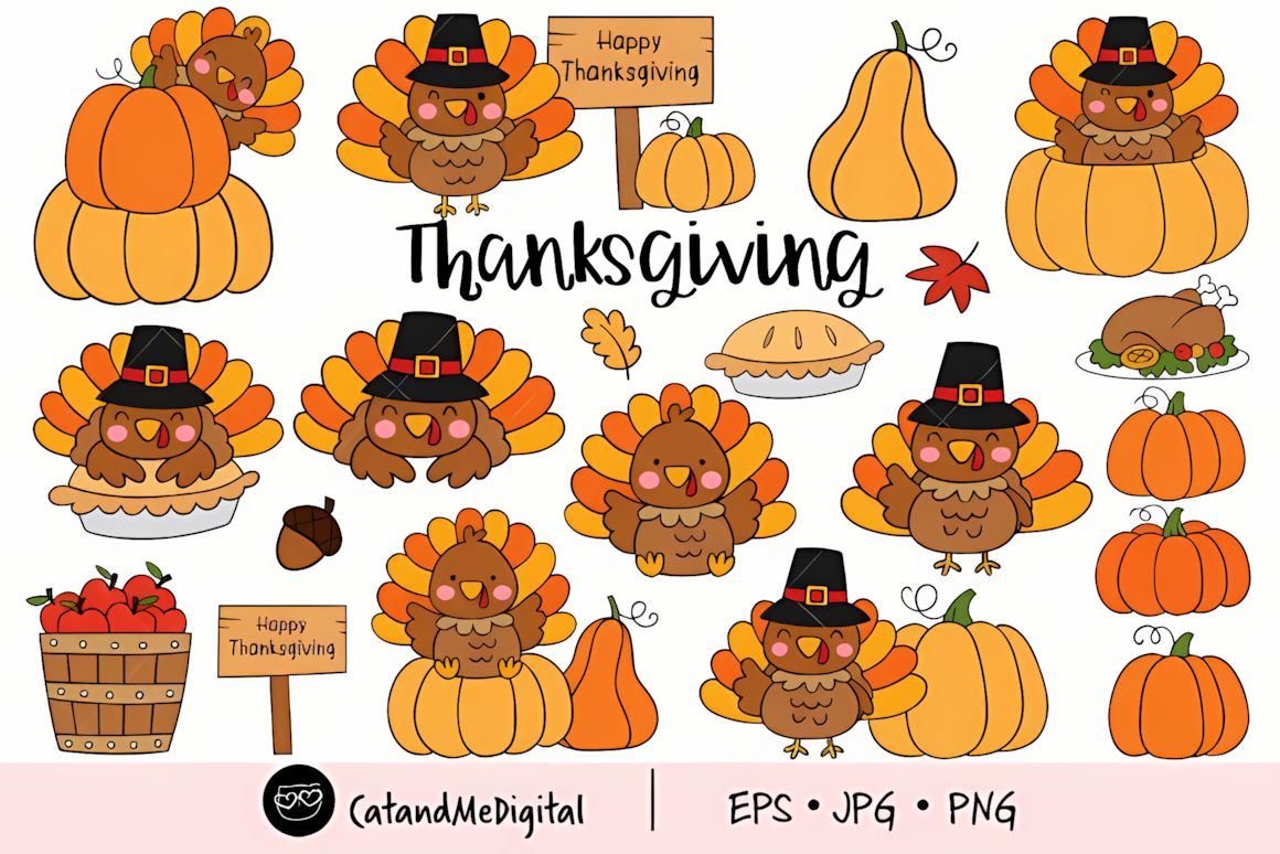 Detailed festive turkey with vibrant tail feathers from a watercolor thanksgiving turkey clipart png set.