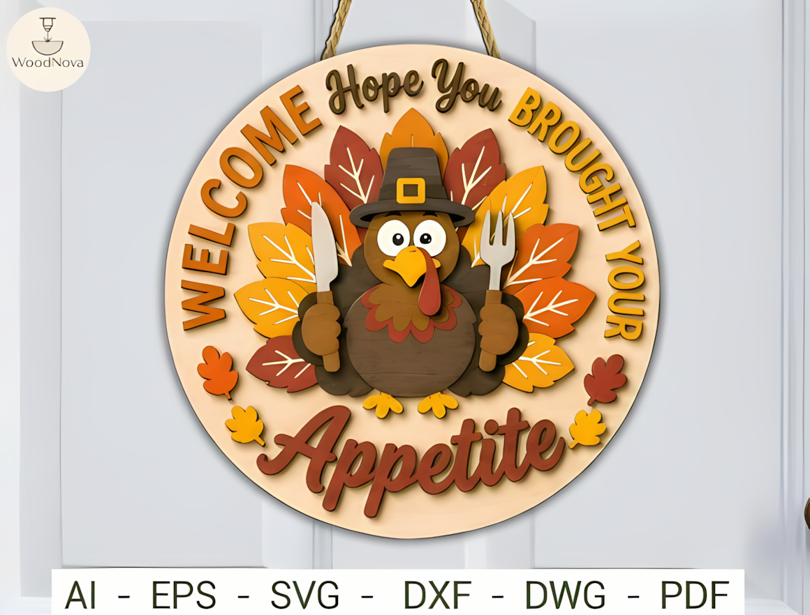 Detailed 3D turkey wall decoration made from a thanksgiving sign laser cut design.