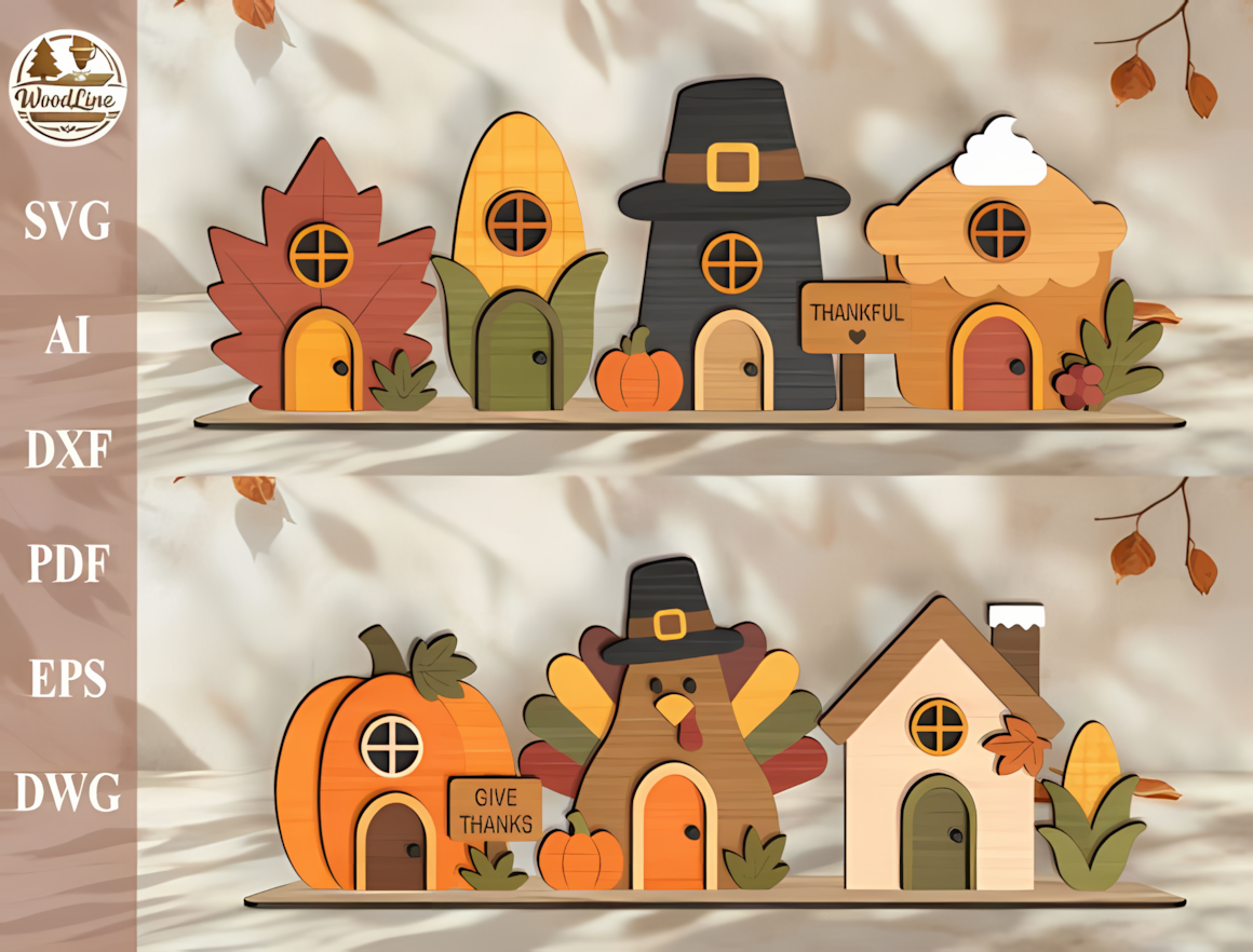 3D mini village of harvest cottages and barns for building a Thanksgiving mantle display