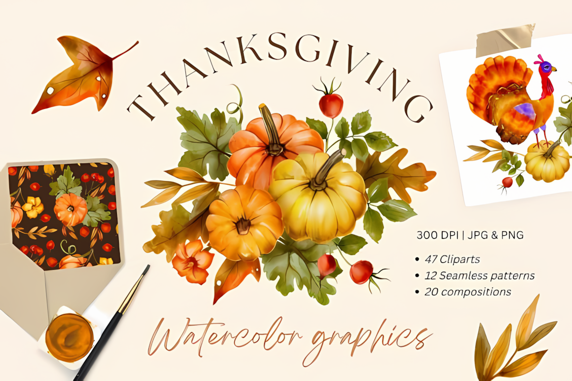 Hand-painted fall foliage, acorn, and pie illustrations from a watercolor thanksgiving clipart elements bundle.
