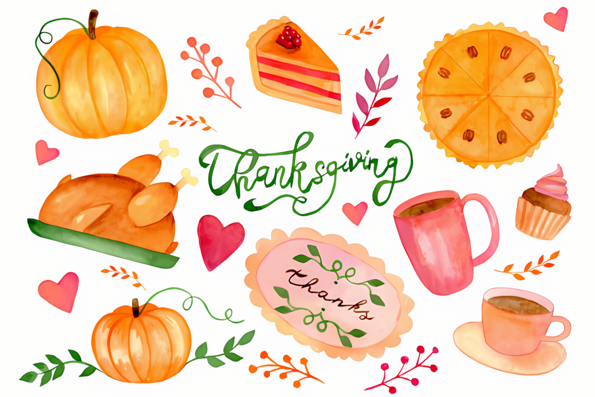 Warm autumn watercolor illustrations included in a watercolor thanksgiving clipart bundle.