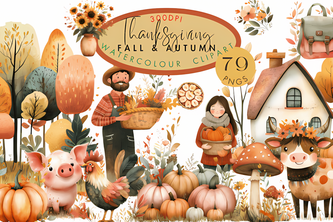 Soft watercolor autumn leaf and pie graphics from a thanksgiving clipart watercolour png pack.