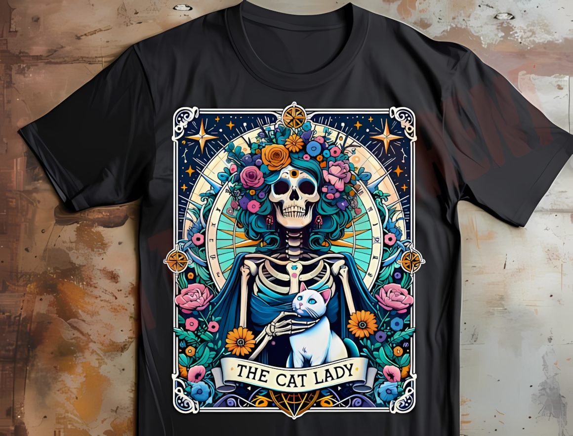 Gothic cat lady tarot PNG design featuring a skeleton holding a cat for cat lovers