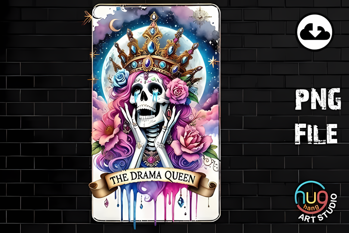 Halloween drama queen tarot PNG card illustration for gothic apparel and tumbler wraps