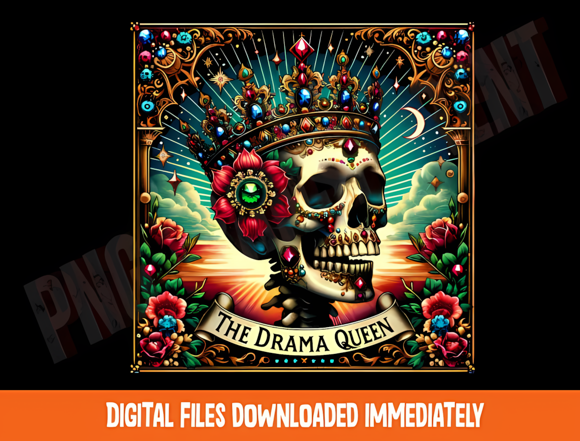 Drama queen tarot card PNG featuring a dramatic skeleton skull illustration for Halloween decor