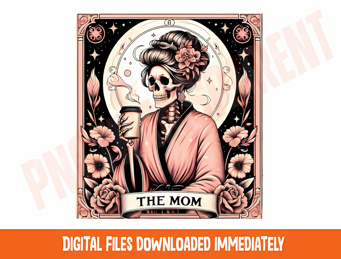 Funny mom Halloween tarot PNG design showcasing humorous motherhood quotes and witchy elements