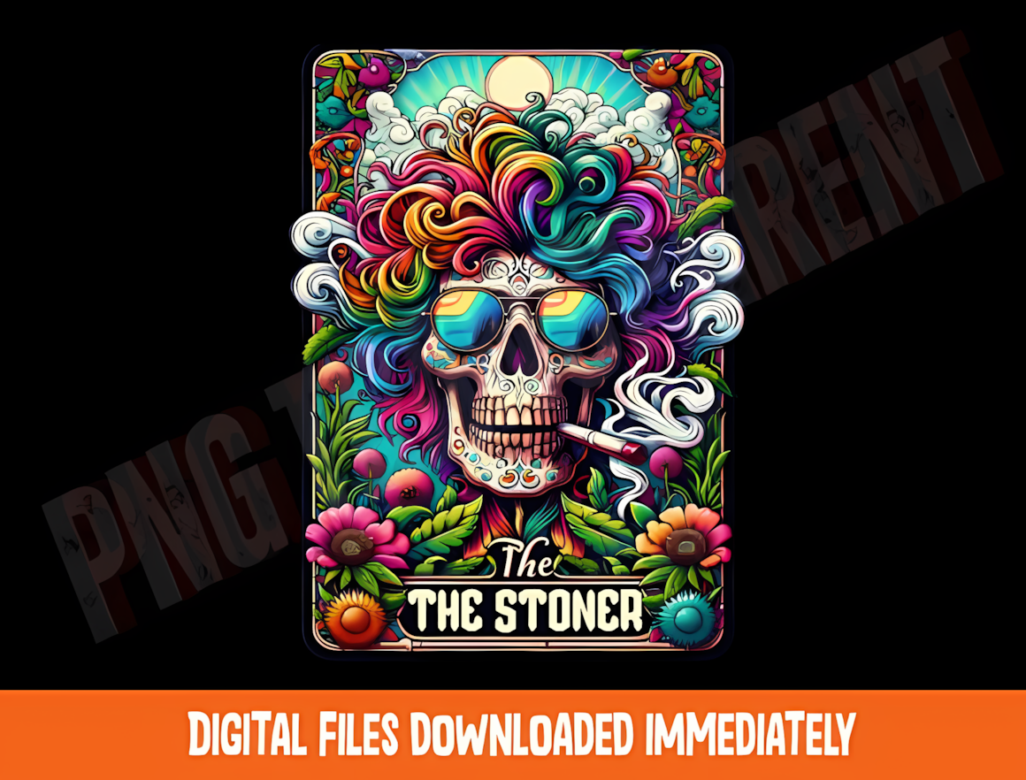 Stoner skeleton tarot card PNG design with colorful weed leaves and psychedelic skull art