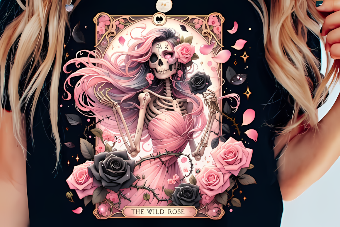 Wild rose tarot card PNG featuring a gothic skeleton adorned with red floral accents