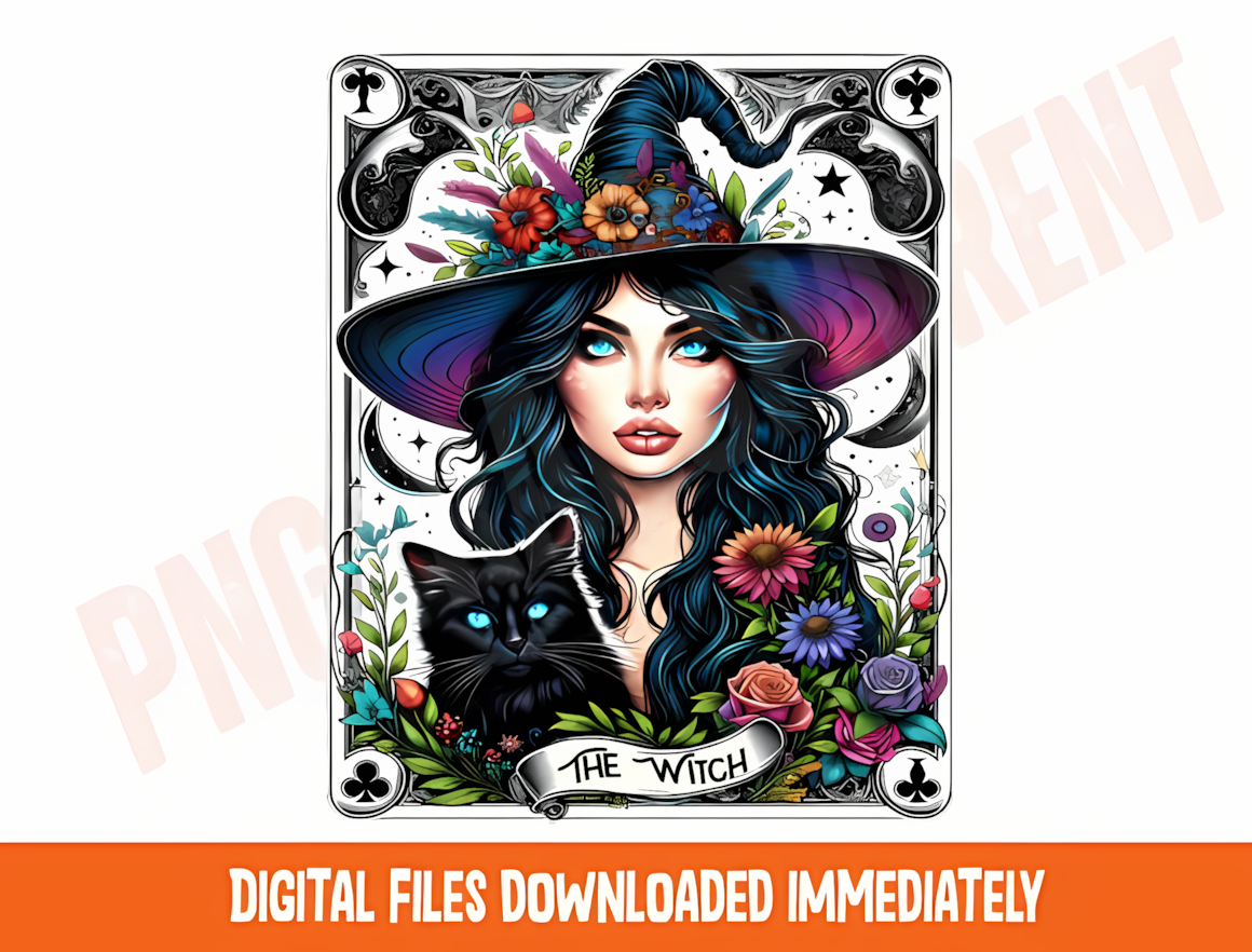 Gothic witch tarot card PNG design with detailed dark magic linework on transparent background