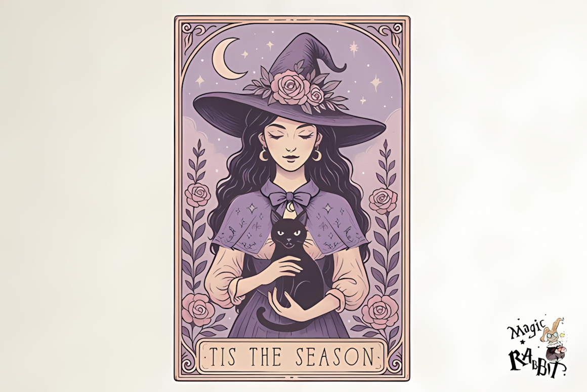 Witchy vibes tarot PNG graphic with celestial moon and star details for Halloween prints
