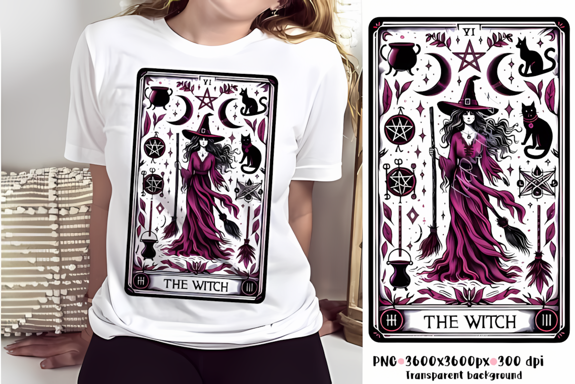 The witch tarot card t-shirt PNG design featuring a gothic witch silhouette for apparel printing