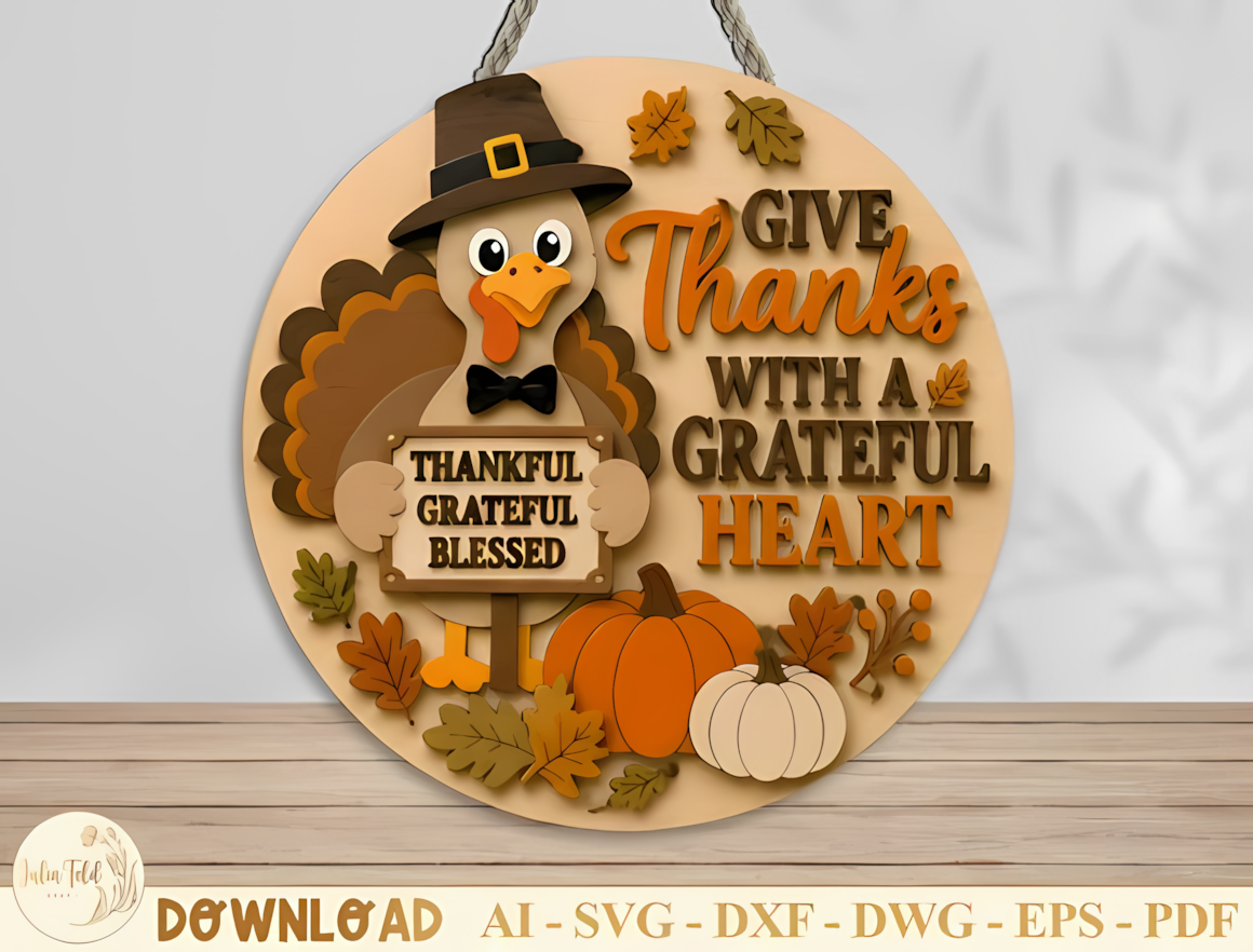 Colorful wooden turkey front door sign created from a glowforge thanksgiving sign svg layout.