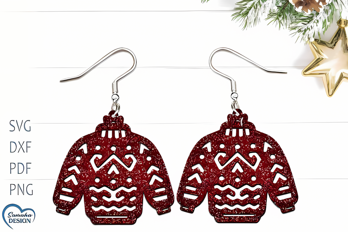 Ugly sweater christmas earring laser cut vector template crafted into wooden earrings