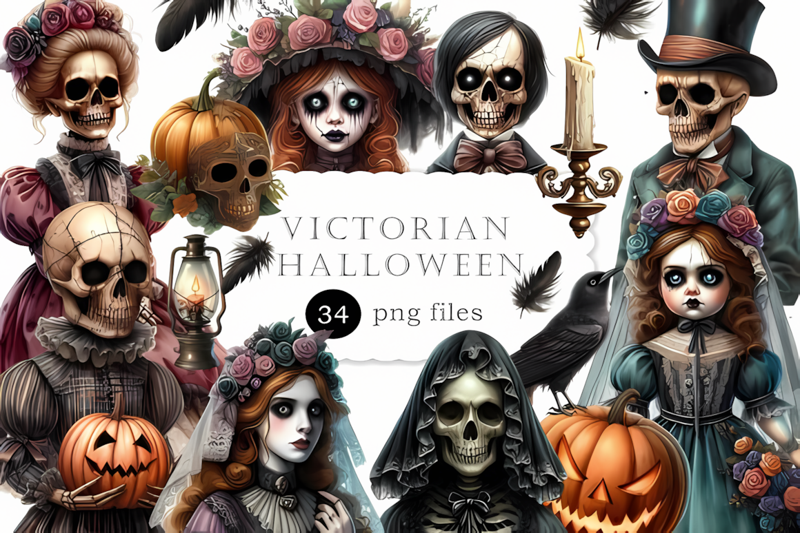 Victorian vintage halloween skeleton png with eerie antique doll accents