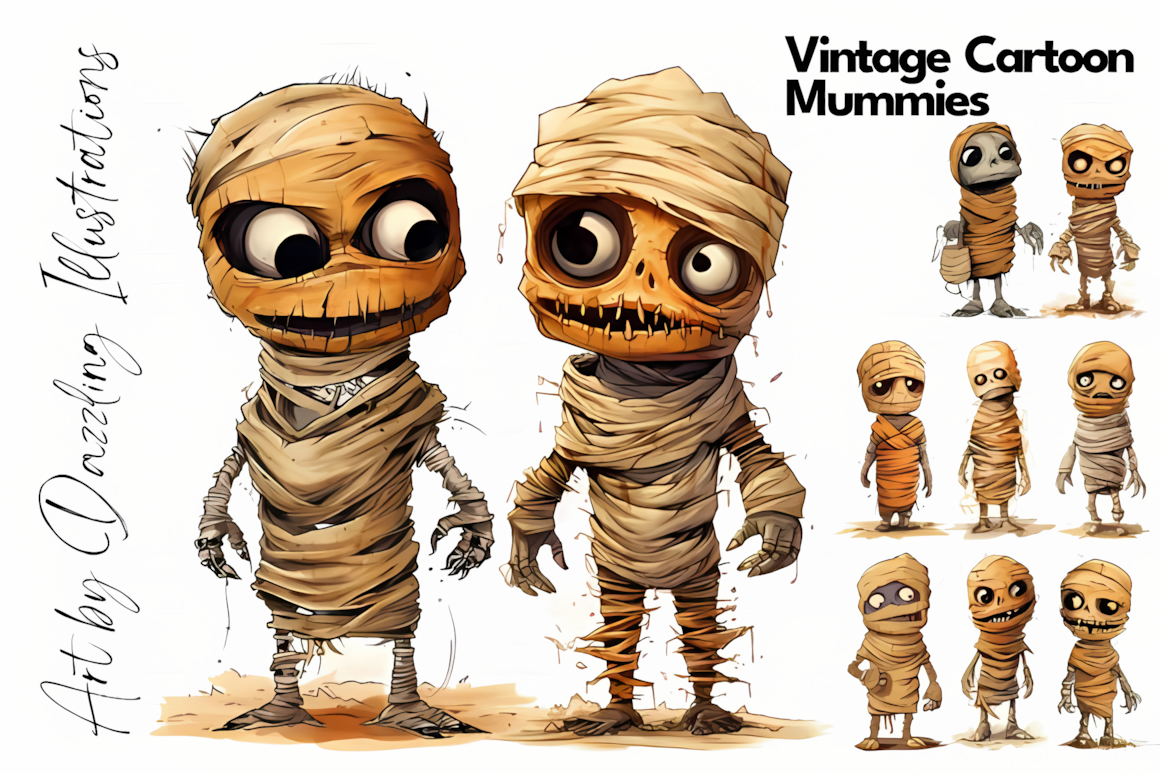 Fun vintage cartoon mummies clipart wrapped in bandages, high-res PNG set