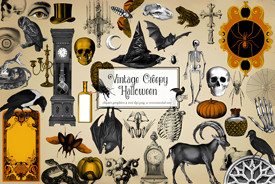Set of vintage creepy black and white Halloween vector illustrations on transparent background