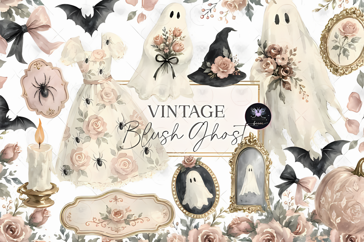 Whimsical cute vintage ghost Halloween clipart with rosy cheeks and a happy expression