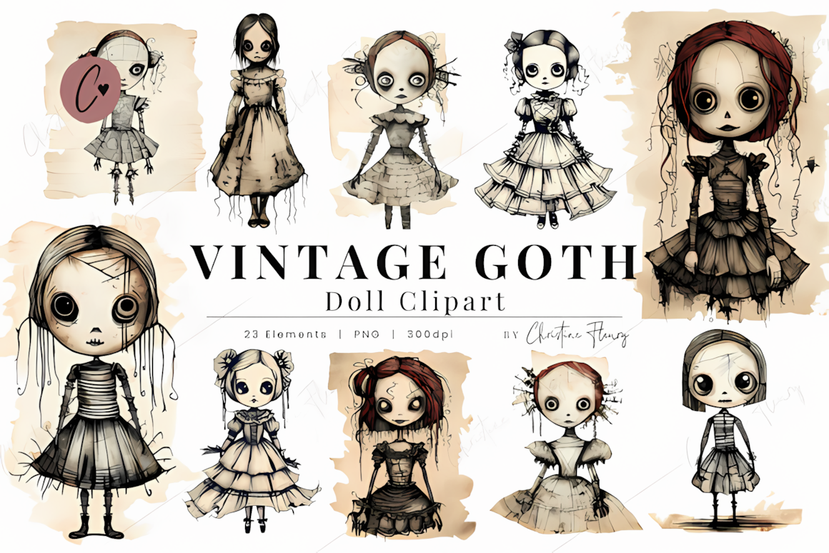 Melancholy vintage goth doll clipart illustration with lace and Victorian elements