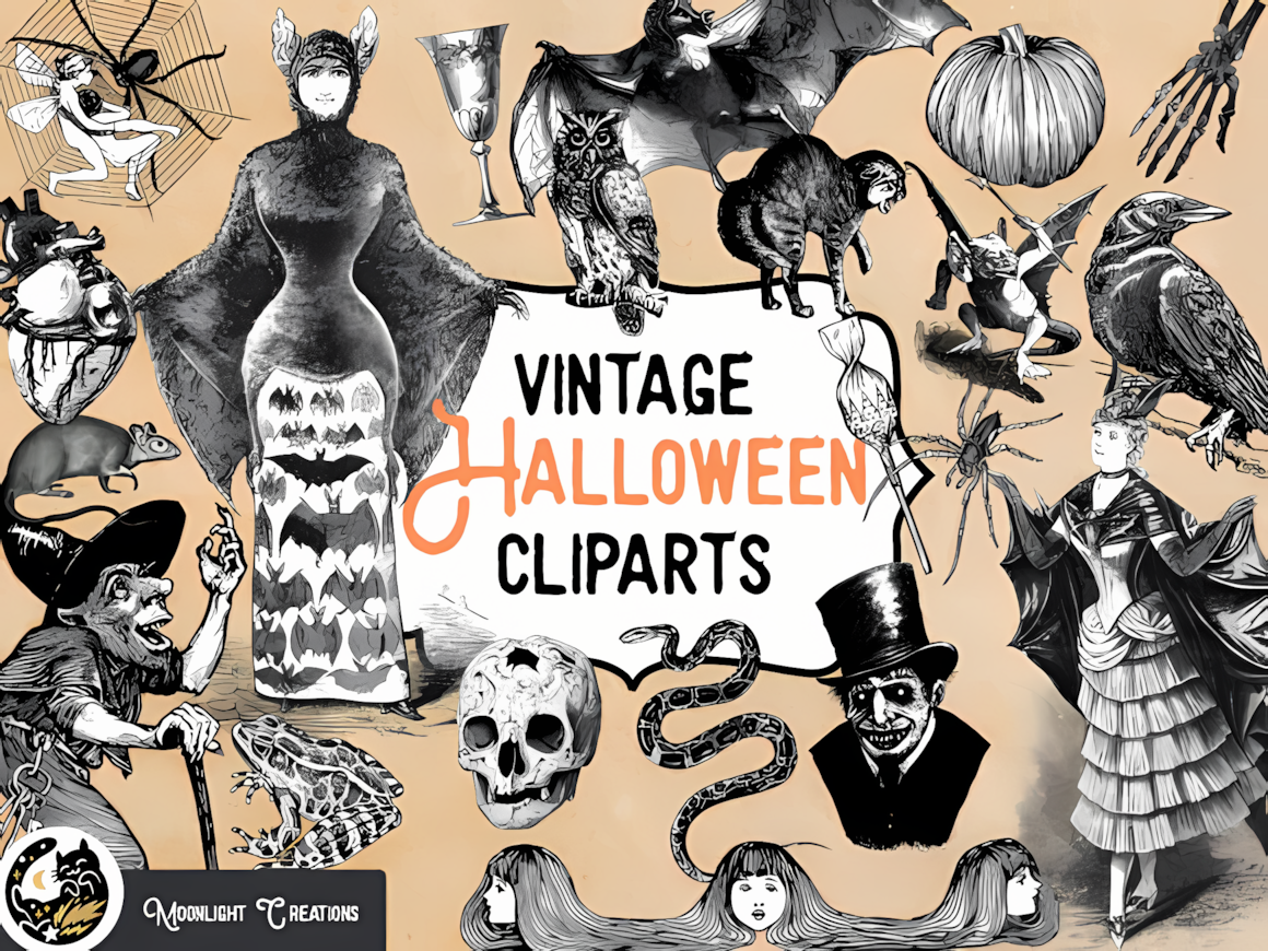 Classic black and white vintage Halloween graphics set including witches and skeletons