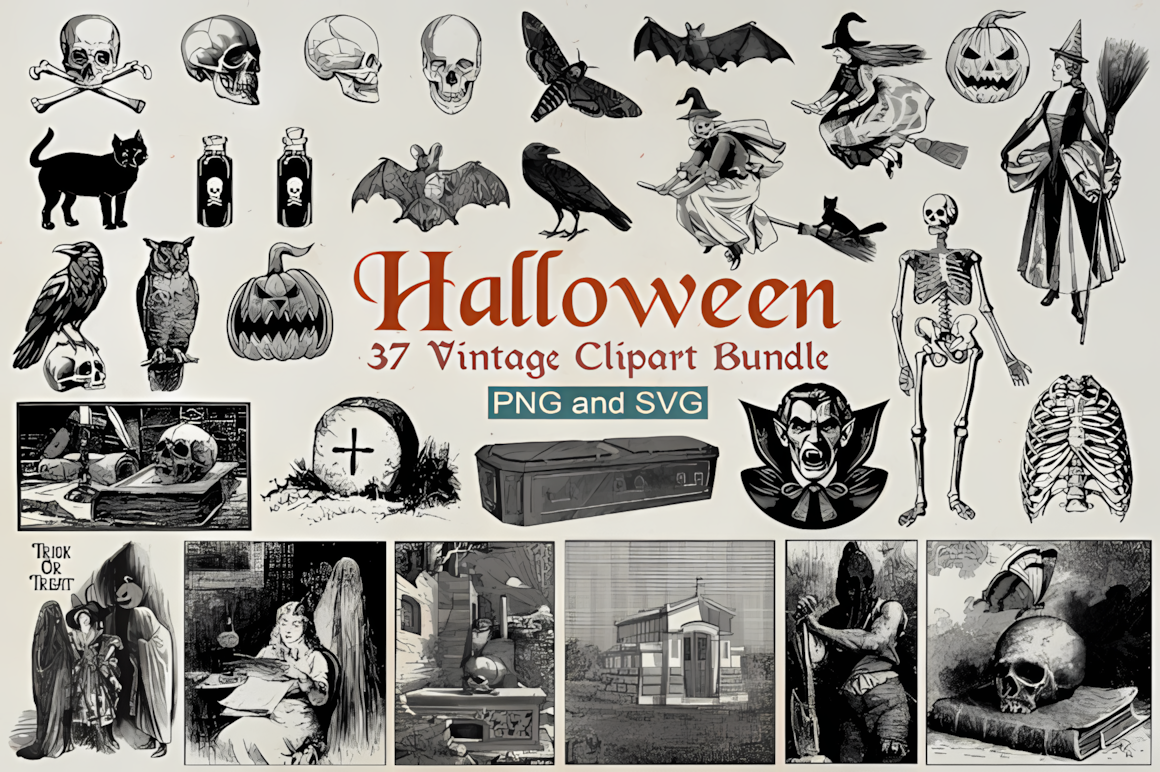 Hand-drawn vintage Halloween clipart bundle, detailed line art on transparent background