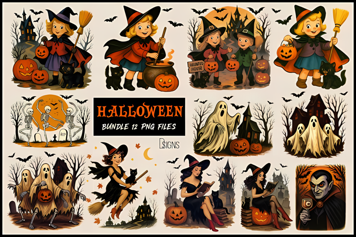 Comprehensive vintage Halloween clipart PNG bundle with dozens of individual spooky graphics