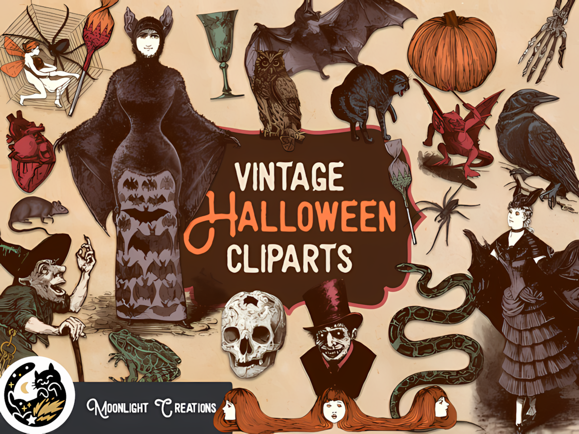 Authentic public domain vintage Halloween illustrations reworked as transparent PNG clipart