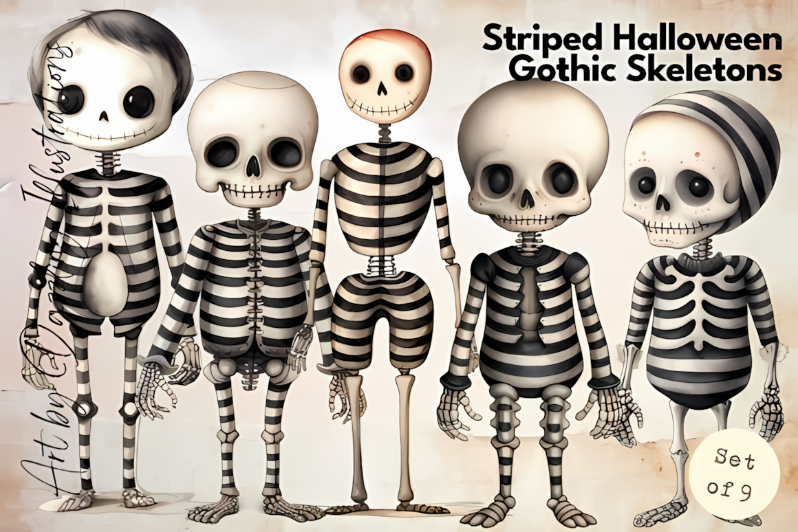 Gothic skeletons and spooky bone elements vintage Halloween clipart collection