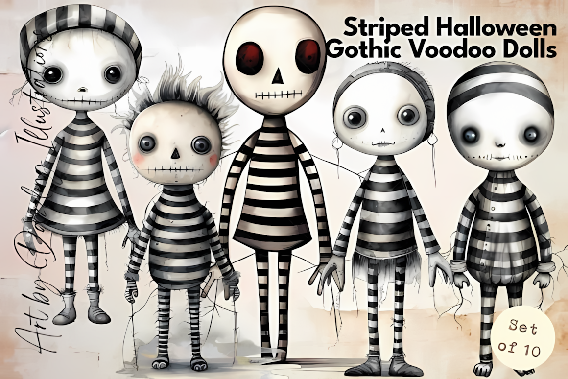 Gothic voodoo dolls and spooky elements vintage Halloween clipart bundle
