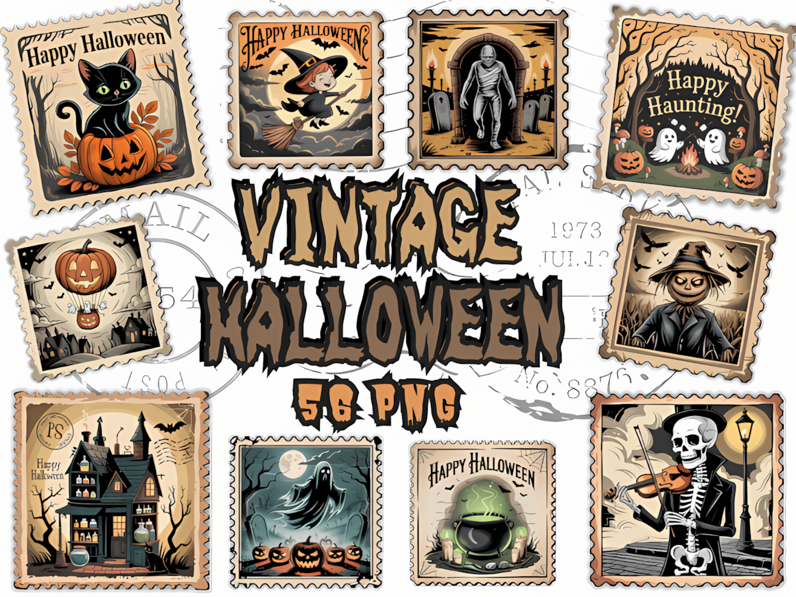Worn antique vintage Halloween stamps PNG images on transparent background