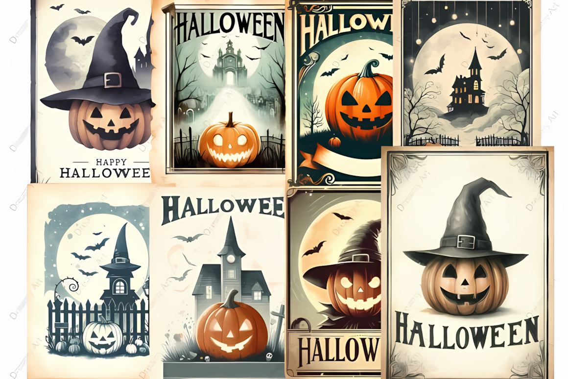 Vintage Halloween postcards designs ready for sublimation printing onto physical products