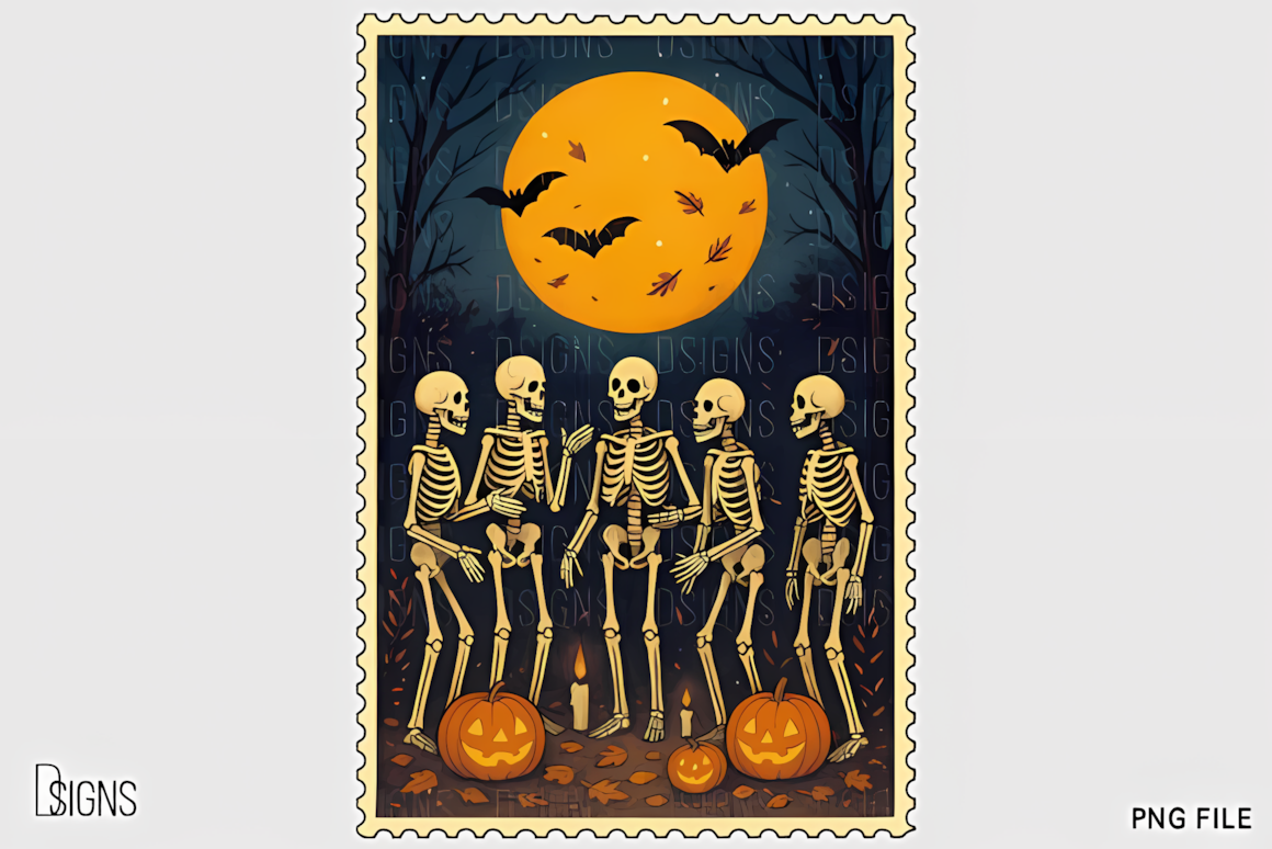 Vintage halloween skeleton png post stamp design for envelope decor