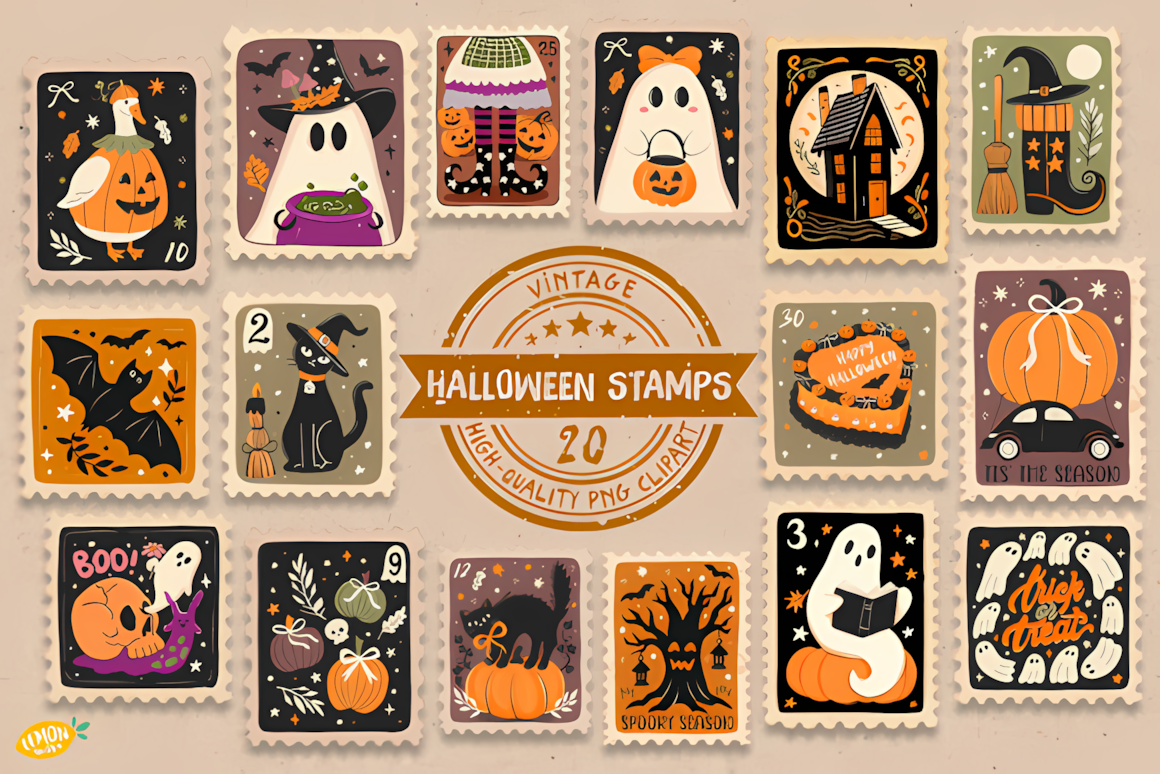 Collection of high-resolution vintage Halloween postage stamps clipart with transparent background