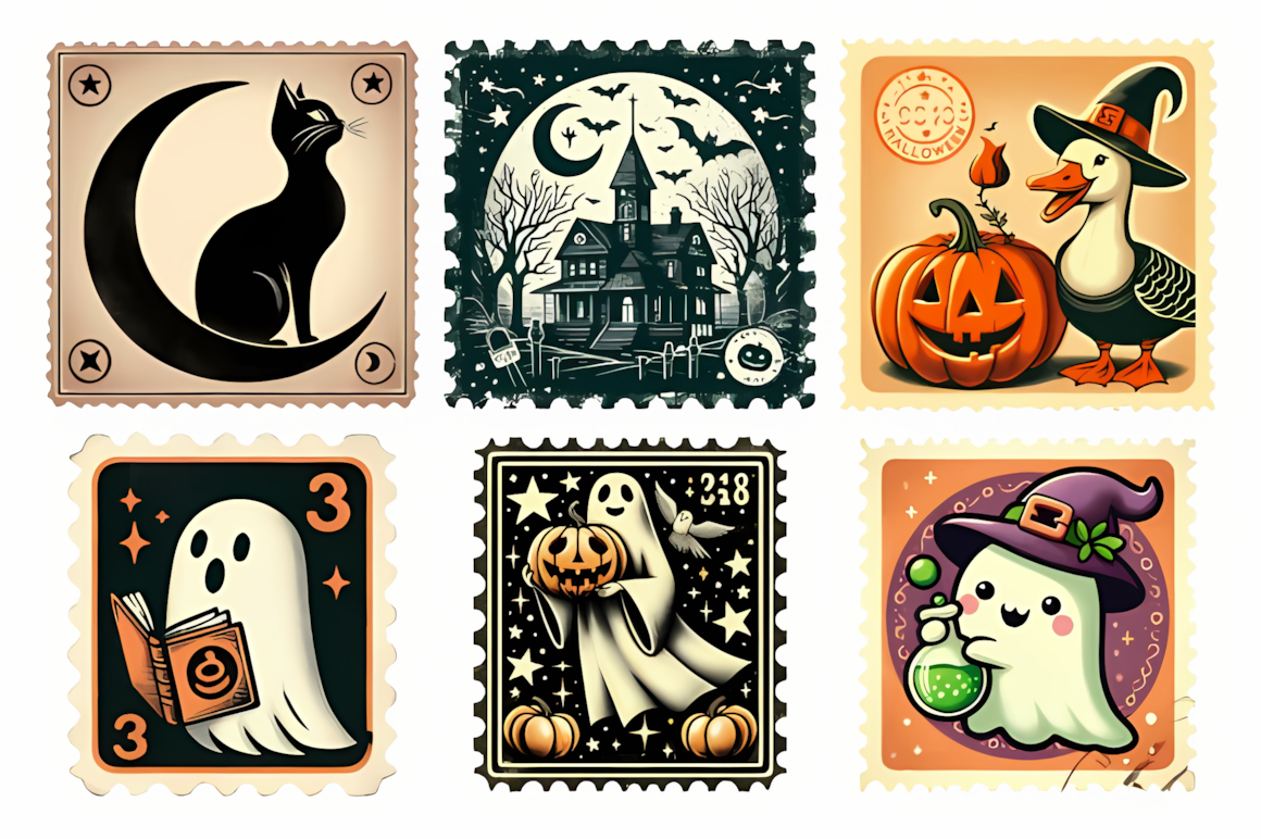 Complete vintage Halloween stamps clipart collection on a dark wooden background