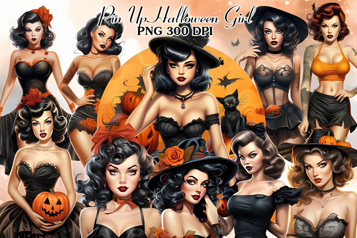 Retro vintage pin-up Halloween girl clipart wearing a witch costume with a pumpkin