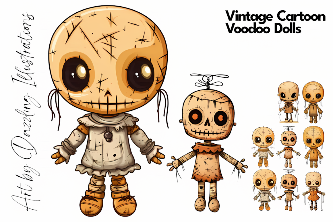 Ominous vintage voodoo dolls Halloween clipart on dark textured background