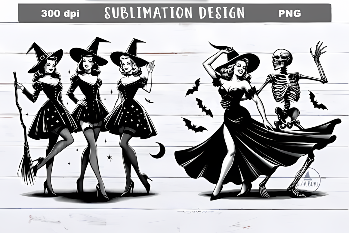Classic vintage witch black and white clipart illustration holding a broomstick and cat