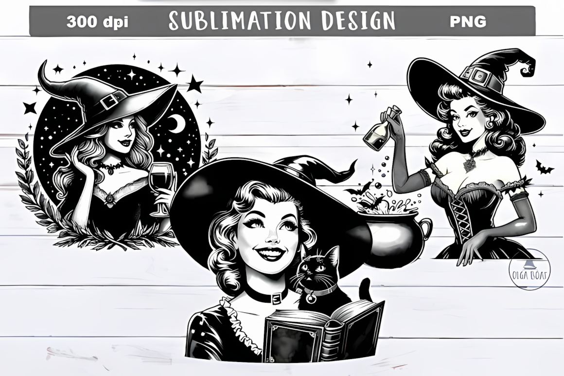 Retro vintage witch PNG design wearing a tall hat and holding a glowing orb