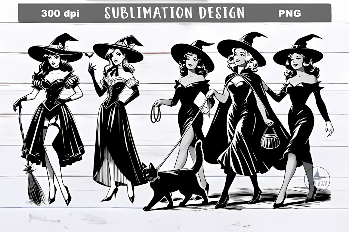 Black and white silhouette style vintage witches clipart flying on broomsticks
