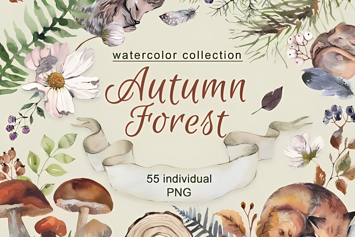 Vibrant watercolor fall forest clipart set featuring golden leaves, autumn trees, and transparent background.