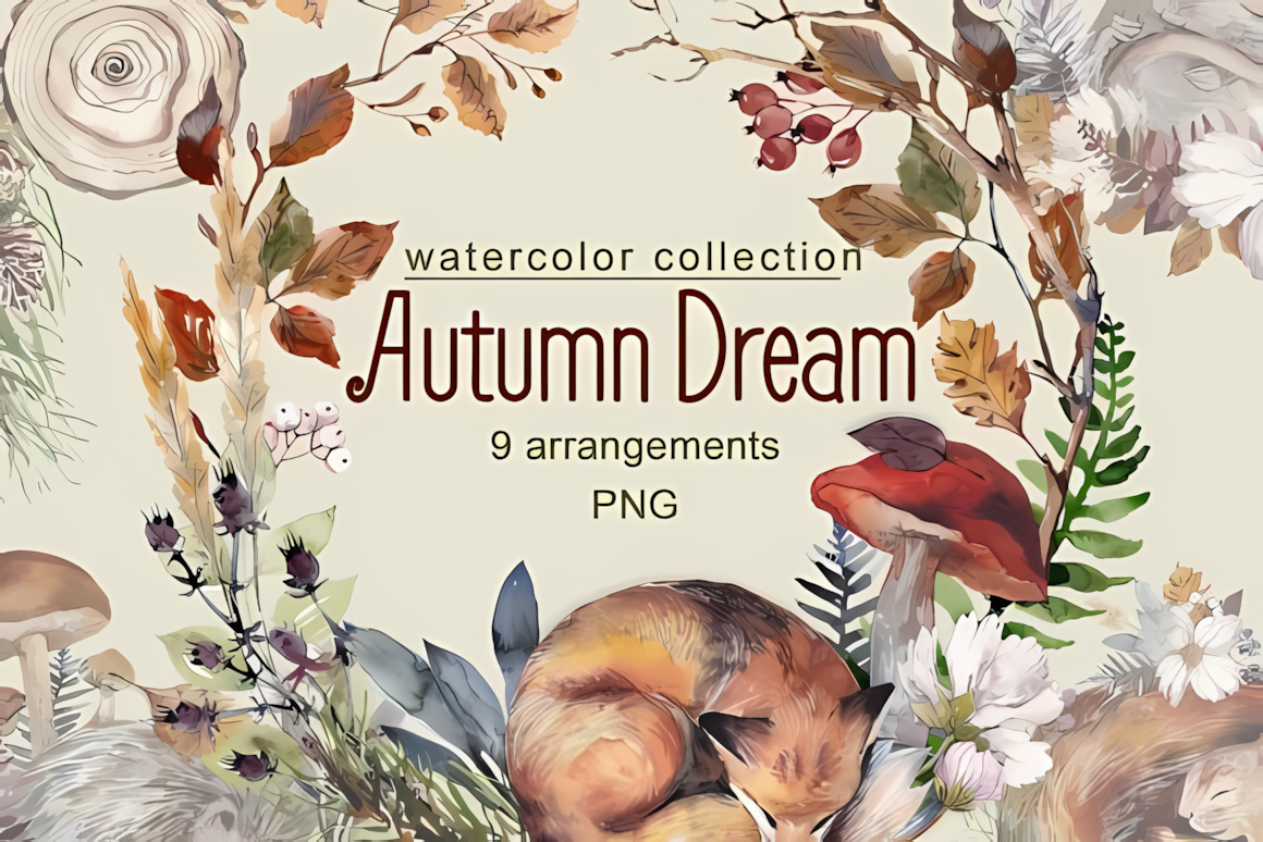 Delicate watercolor autumn woodland animals clipart arrangements featuring a fox, hedgehog, and fall bouquets.