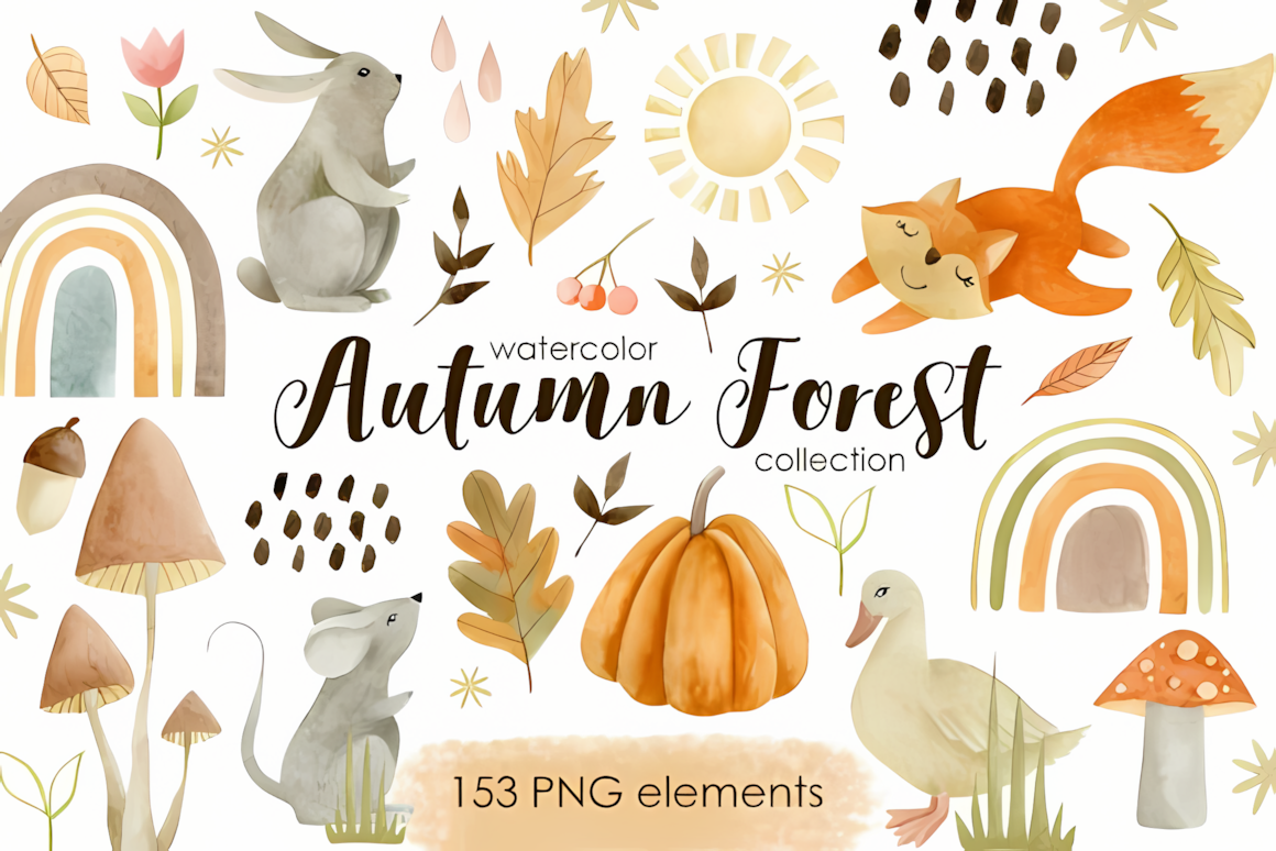 High quality autumn forest clipart watercolor set with vibrant seasonal trees and transparent background.