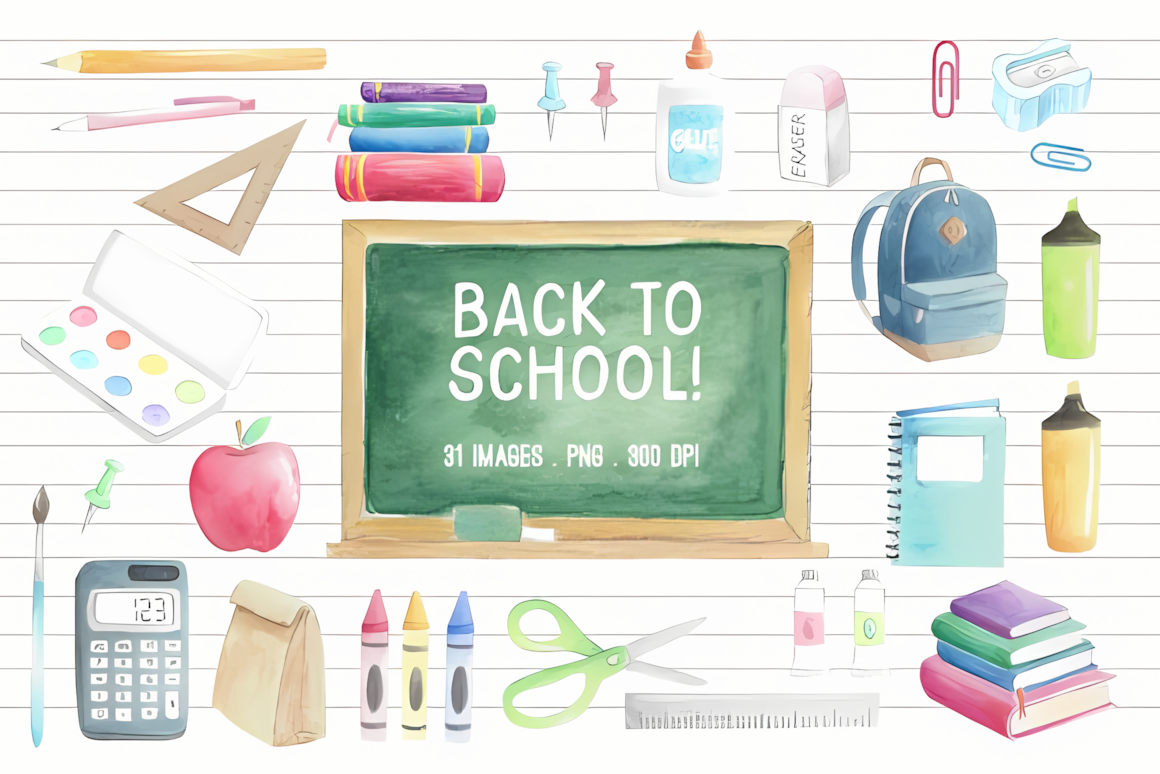 Watercolor back to school graphics with delicate hand painted stationery and books