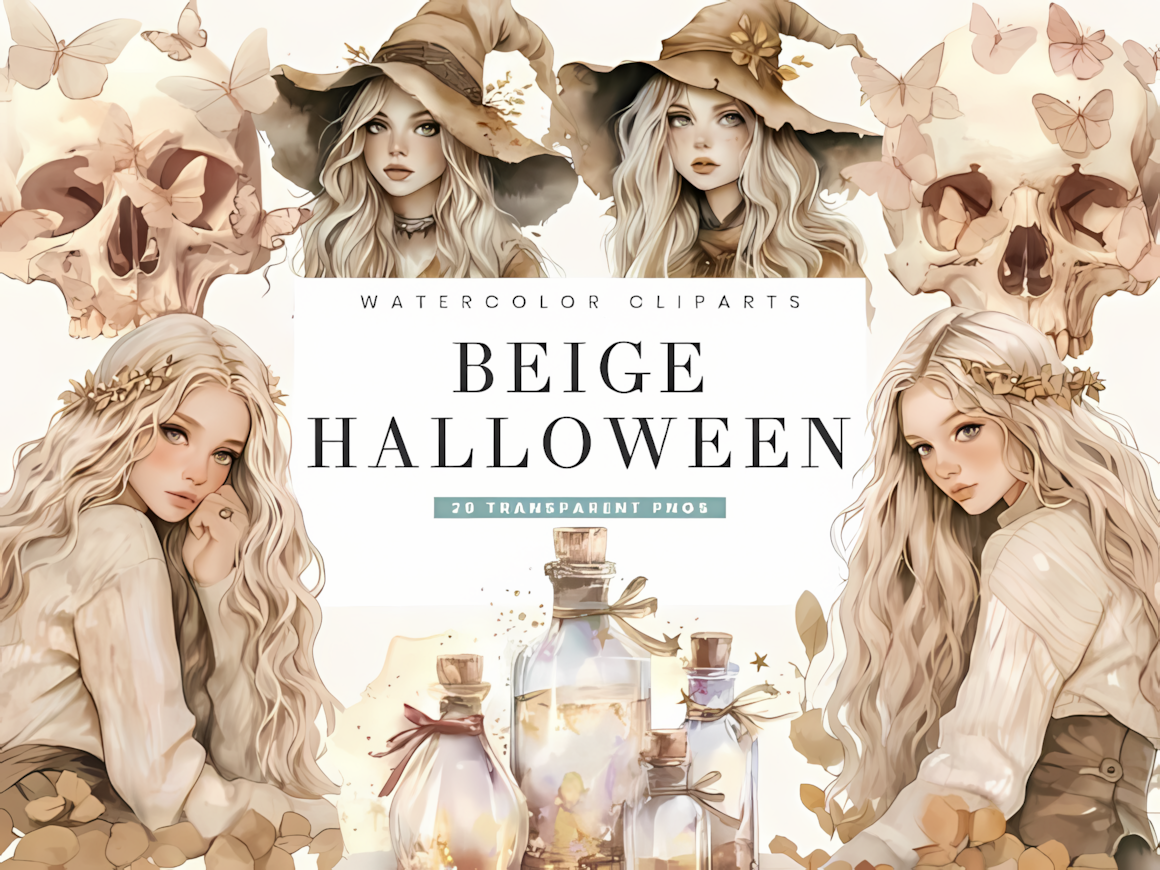 beige watercolor halloween clipart elements for aesthetic art