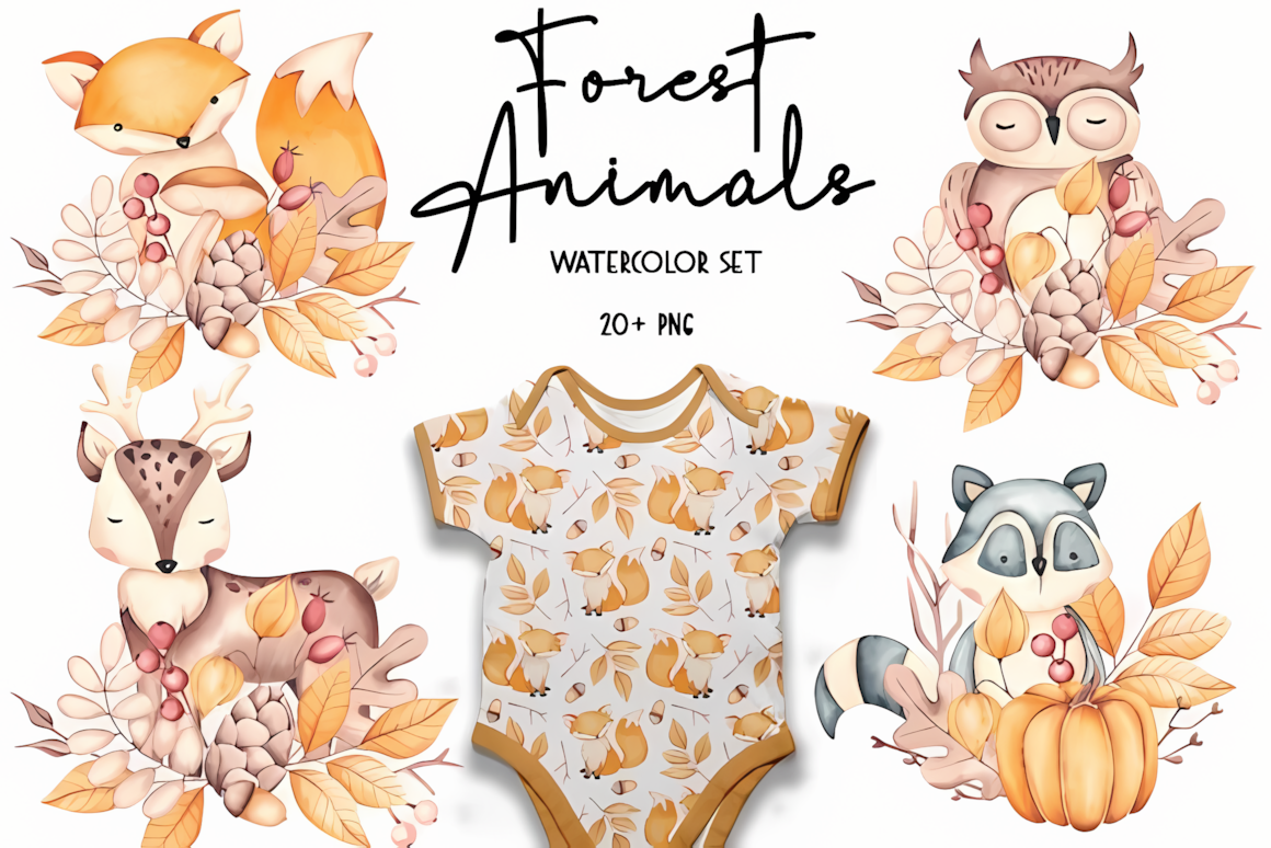 Detailed autumn woodland animals clipart watercolor set with cute forest creatures for fall crafts.