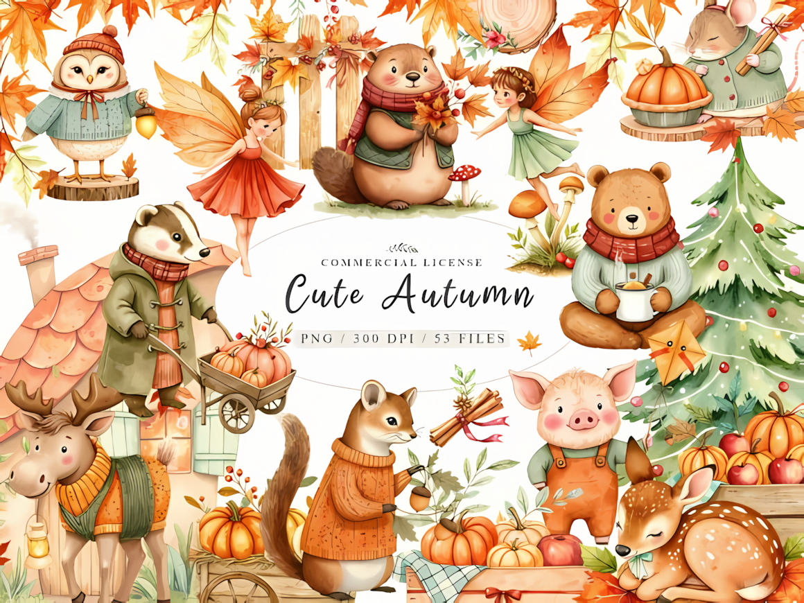 Cute autumn woodland animals clipart cozy fairy set featuring woodland creatures and autumnal elements.
